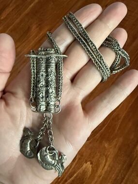 Qing Dynasty Chinese Needle Case Necklace Silver Tone Metal Fish Chatelaine